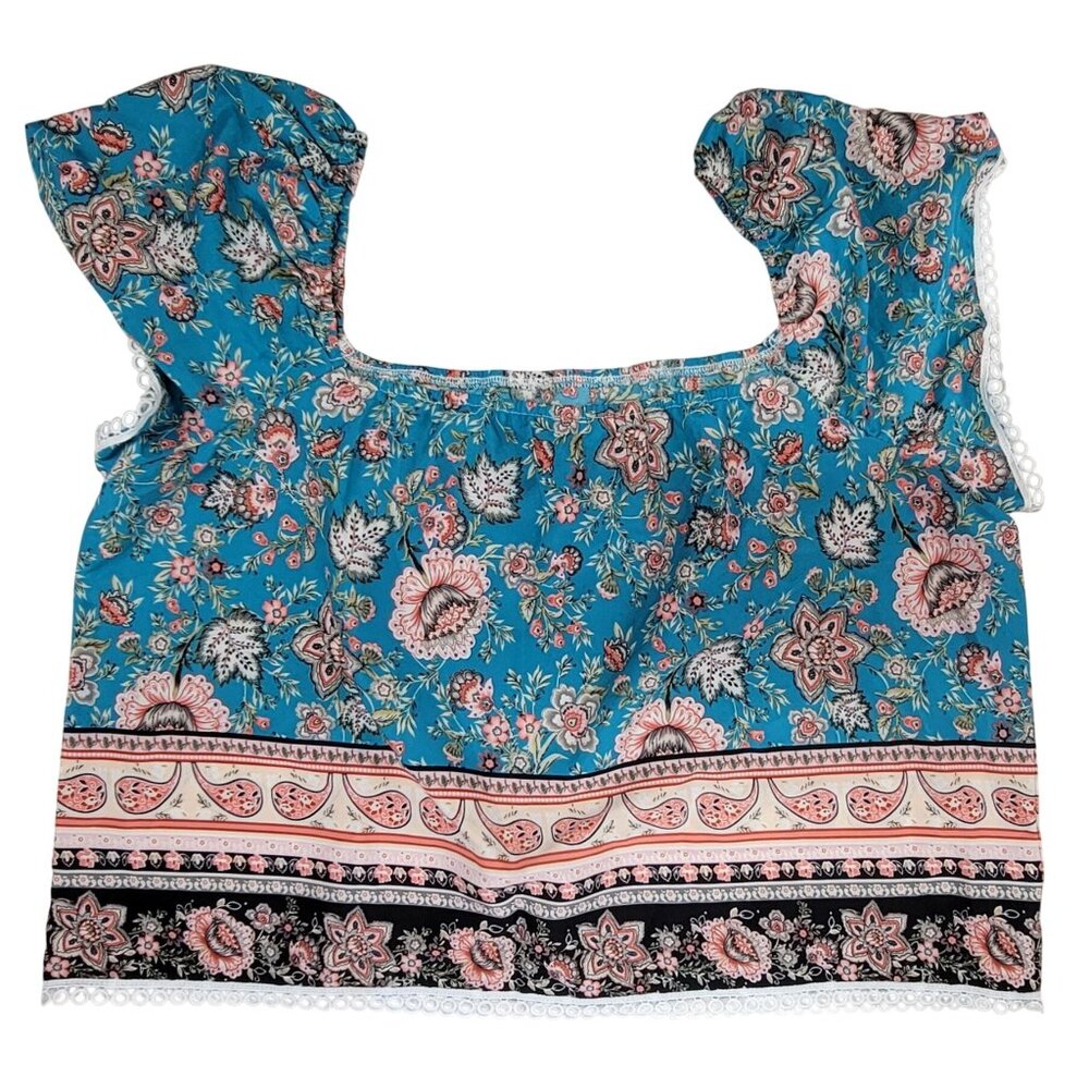 Greathe Floral Crop Top Womens XL Blue & Pink Pattern Short /No Sleeve New in Ba